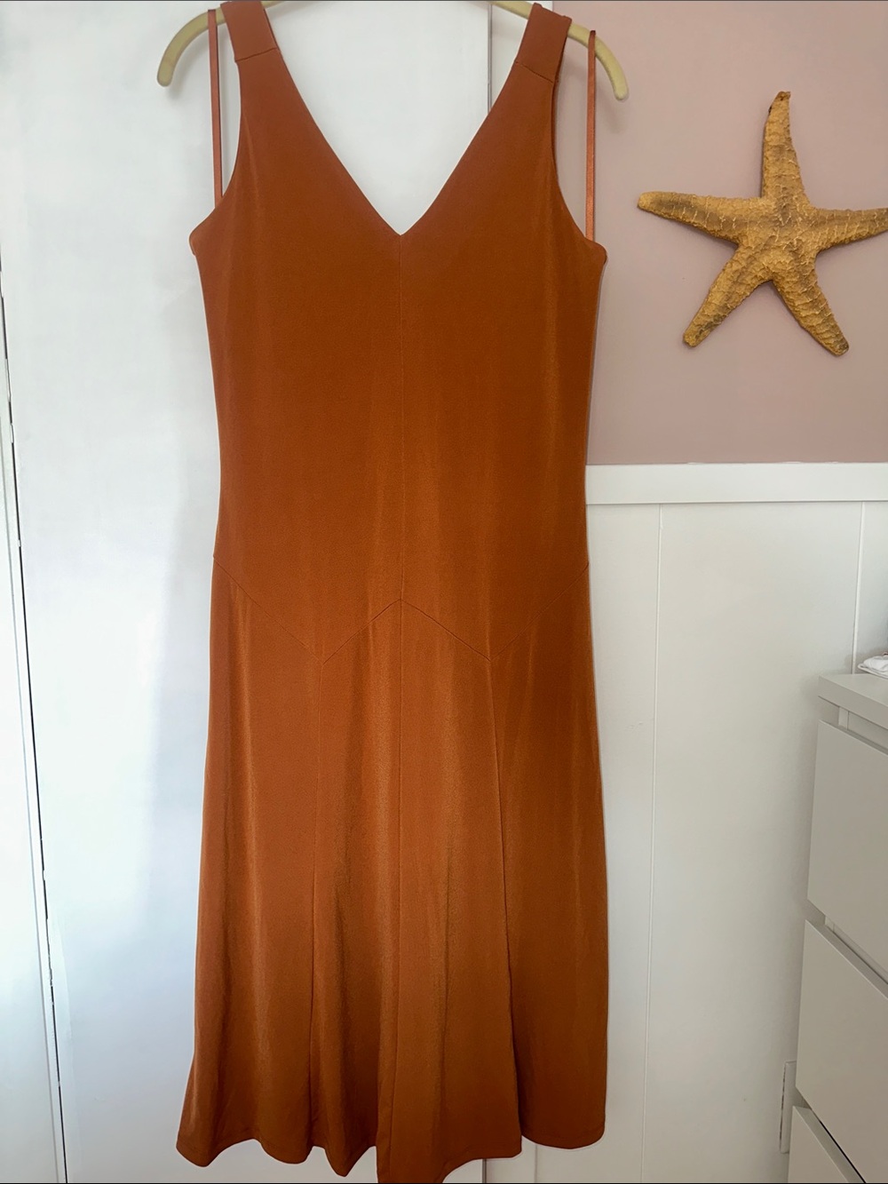Banana Republic pumpkin colored fit and flared dress, autumn wedding guest dress
